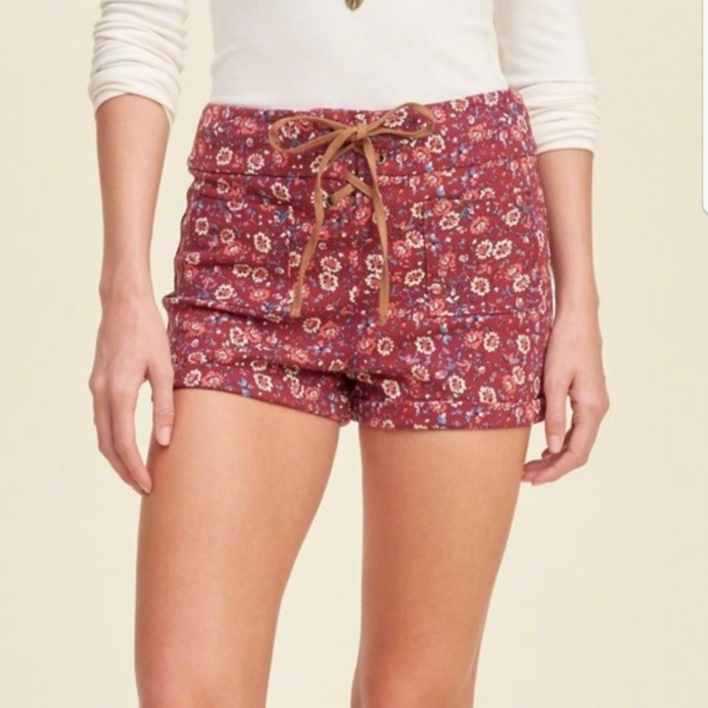 Hollister Floral Lace Up Shorts Maroon